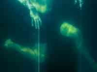 A green hued underwater photograph of a mans lower body swimming with a streak of light from his right hand by artist Rosalind Blake